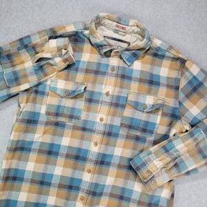 Gramicci Heavy‎ Cotton Flannel Shirt Mens L Plaid Blue Tan Hike Outdoor